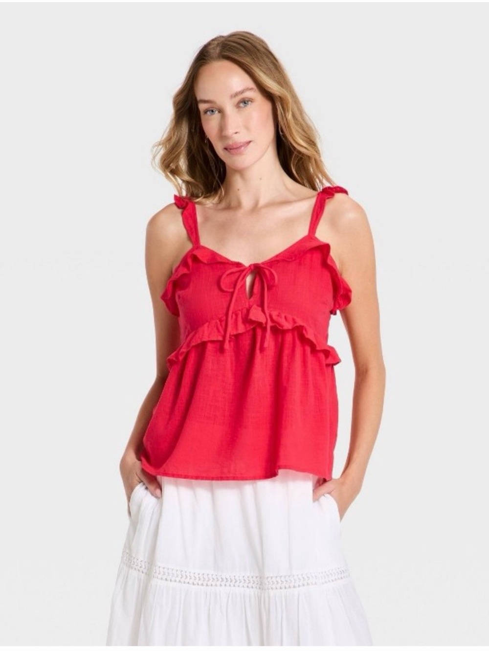 NWT: Women’s Red Ruffle keyhole cami Sleeveless Top, Universal Thread, size XS